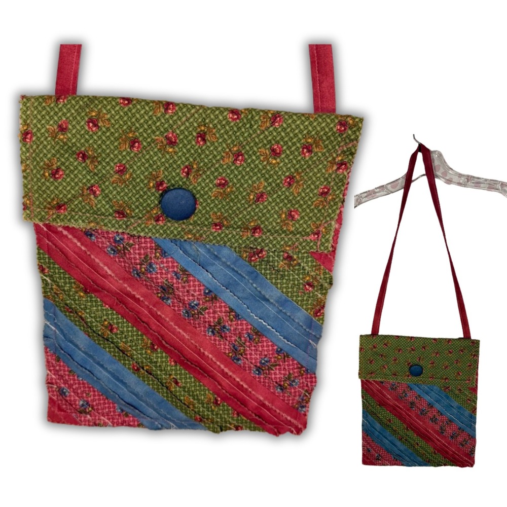 Handmade Patchwork Small Crossbody Bag‎ Green Floral Pink Stripe Eclectic Boho
